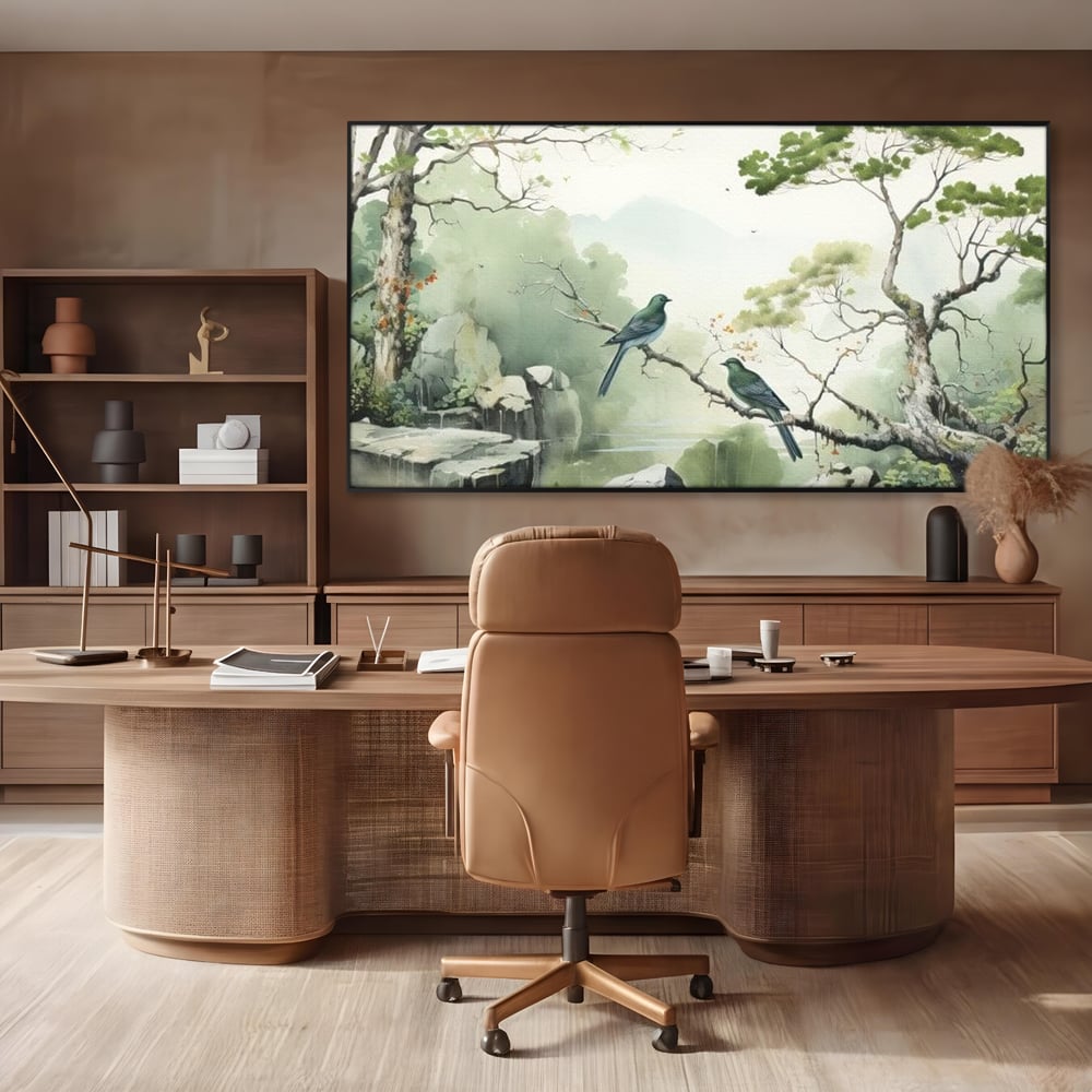Tablou canvas cu tablou canvas cu pasari pe creanga si peisaj zen, in rama de aluminiu negru, pe perete intr-un birou